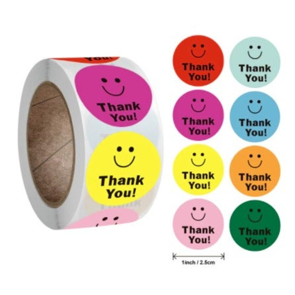 1 INCH 2 Roll 1000 pc MULTI COLOR THANK YOU Smiley Face Emoji Label Sticker